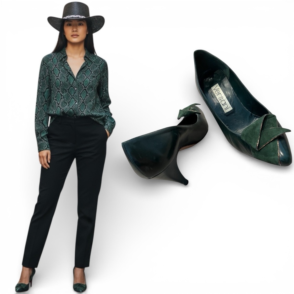 VERSANI Heels Pumps Leather & Suede Forrest Green Origami Bow 6B Vintage​